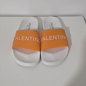 Valentino Orange and White Logo Slide Sandals